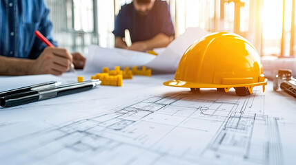 Construction plans and yellow hard hat on blueprint table, symbolizing teamwork and project planning in construction site