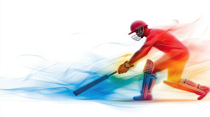 Obraz premium Energetic cricketer in action, showcasing dynamic movement and vibrant colors. graphic art captures essence of cricket with fluid lines and colorful background