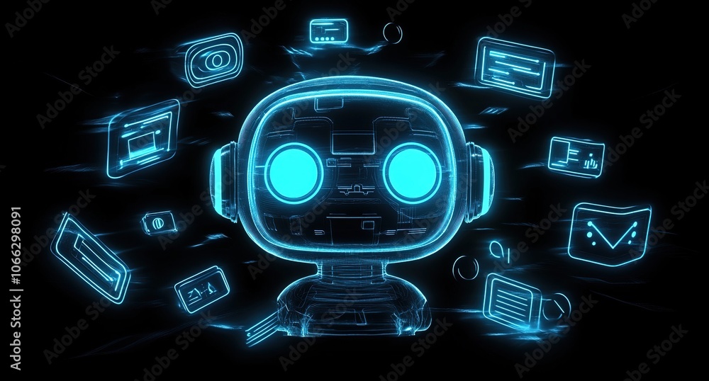 Poster a glowing blue robot surrounded by various digital icons representing technology and automation.