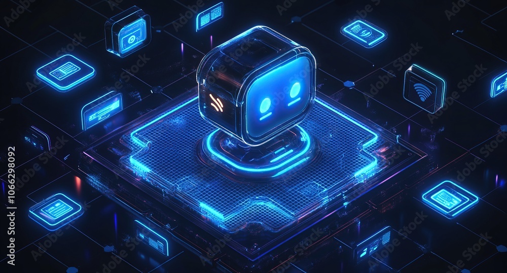 Poster a glowing blue robot stands on a circuit board, surrounded by icons representing various application