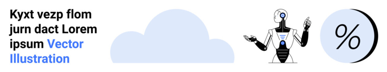 Abstract cloud, AI robot with hands raised, and percentage symbol in a blue circle. Ideal for technology, AI, analytics, innovation, data, finance, and cloud services. Landing page