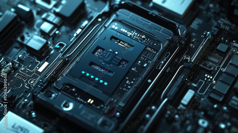 Poster a close-up view of a circuit board featuring a prominent chip, highlighting intricate details of ele