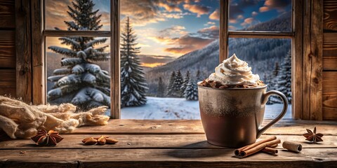 A warm beverage, with a swirl of cream, rests on a wooden window sill, framed by a view of snow-dusted pines and a vibrant sunset over a distant mountain range.