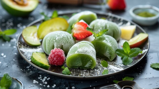 Green moci served with fruit and a beautiful plate