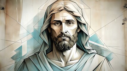 An artistic, cubist-style portrait of Jesus Christ with a geometric design. This evokes themes of faith, spirituality, and religious art with a modern twist.