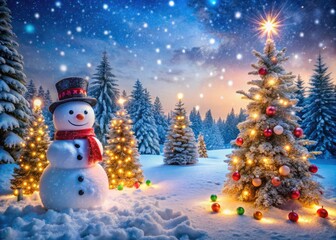 Obraz premium Festive Christmas Snowman in a Winter Wonderland with Snowflakes, Perfect Holiday Background for Celebrations, Christmas Decorations, and Seasonal Joy
