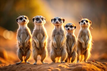 Fototapeta premium Five Curious Meerkats in a Row - Tilt-Shift Photography of Adorable Meerkats, Wildlife, Cute Animals, Animal Behavior, Miniature Effect
