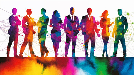 Obraz premium Colorful silhouettes, professional team diversity, network connection, collaborative energy, vibrant business synergy.