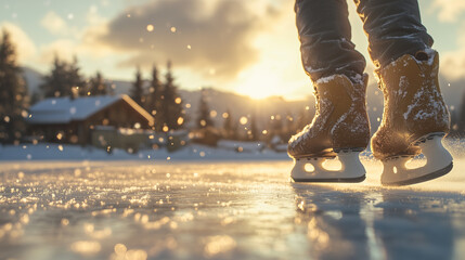 Ice skates. Close-up of Ice Skates on a Frozen Lake at Sunset, Highlighting Winter Adventure and the Beauty of Outdoor Ice Skating in a Snow-Covered Rural Landscape. Image made using Generative AI.