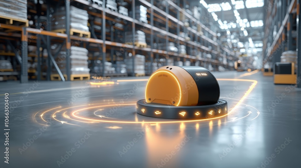 Poster automated warehouse robot with glowing tracking lines