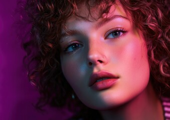 Fototapeta premium Beautiful curly-haired woman posing in a studio against a dark purple background. This portrait uses professional gradients, soft shadows, and minimal contrast. 