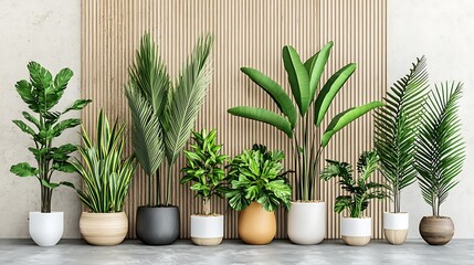 A variety of indoor plants in decorative pots against a textured wall.
