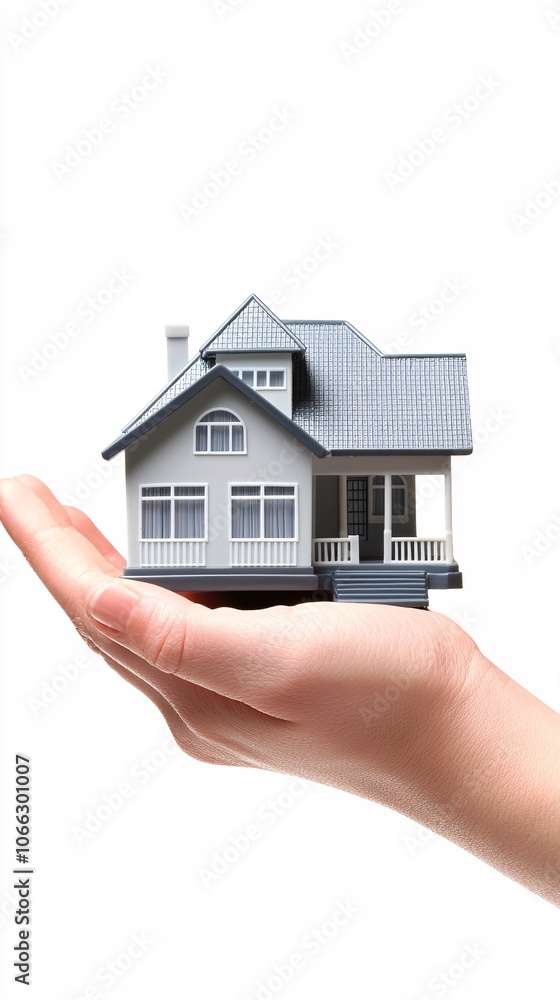 Poster a hand holding a model house next to a calculator and mortgage documents, representing property loan