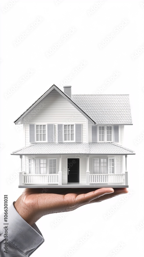 Poster a hand holding a model house next to a calculator and mortgage documents, representing property loan