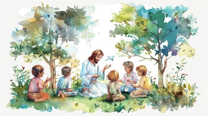 Fototapeta premium A cute watercolor representation of Jesus teaching children surrounded by nature