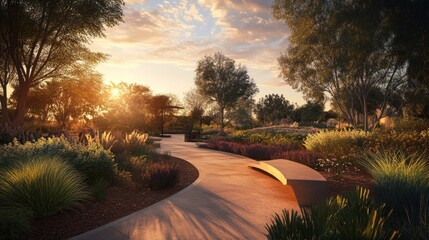Wheelchair-accessible park view during sunset, capturing a serene setting with warm colors and smooth pathways.