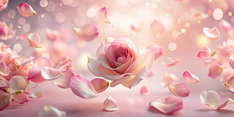 A single, pale pink rose suspended amidst a delicate dance of falling petals, bathed in soft, luminous light.