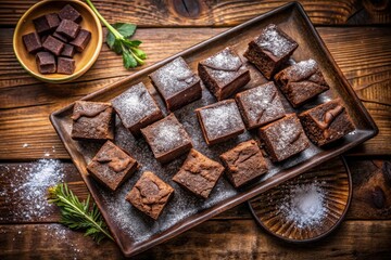 Fototapeta premium Irresistible Fudgy Brownies with a Dusting of Powdered Sugar Captured from Above â€“ Perfect for Dessert Lovers, Baking Inspiration, and Chocolate Indulgence