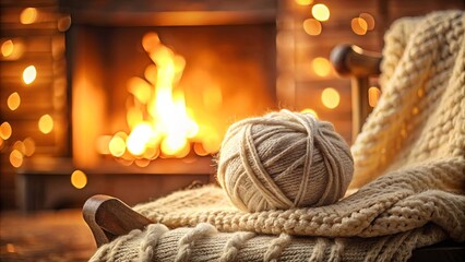 Cozy Fireside Retreat with Warm Knit Blanket and Yarn