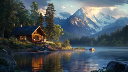 Fototapeta premium A peaceful mountain cabin scene, hypermaximalist, advertising photography, hyper realistic, fine detail,