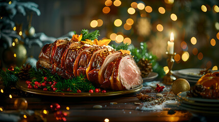 New Year's themed Slice of prime rib with a side, food photography,
