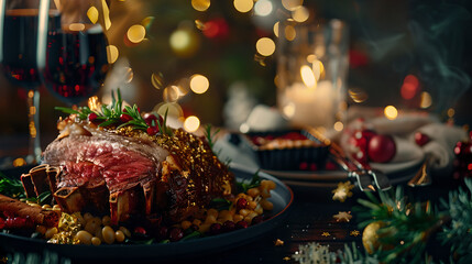 New Year's themed Slice of prime rib with a side, food photography,