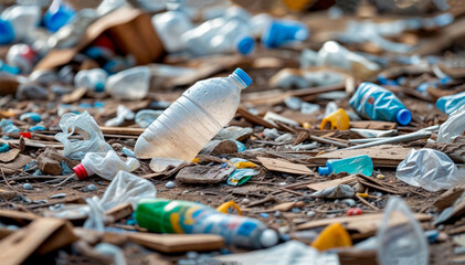 Discarded Plastic Pollution Littering a Sandy Shoreline