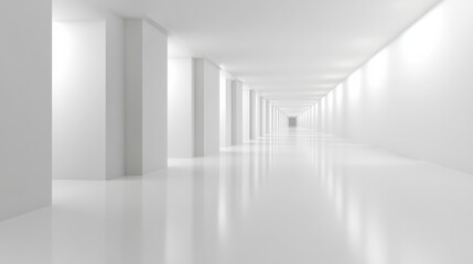 A minimalist, bright hallway featuring smooth white walls and glossy floors, creating a spacious, infinite perspective.
