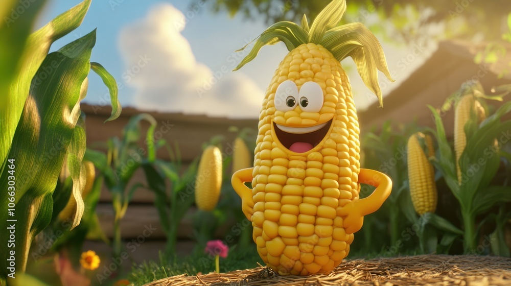 Poster A cheerful animated corn character stands in a field, smiling and engaging with the viewer.