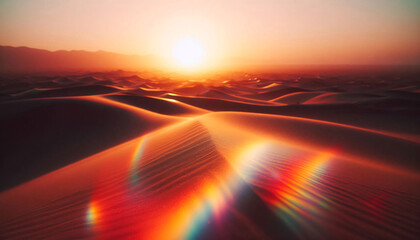 Obraz premium Sunset light refracting through particles in the desert air, creating soft color spectrum aberrations that wash over the sand dunes with a warm, surreal effect.