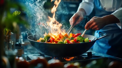 Fry vibrant vegetables in flair with chef skill