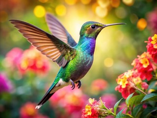 Fototapeta premium Majestic Hummingbird in Flight Surrounded by Colorful Blossoms - Vibrant Nature Photography, Wildlife, Birds, Flora, Outdoor, Macro, Tropical, Exotic, Pollination, Summer Vibes, Beauty of Nature