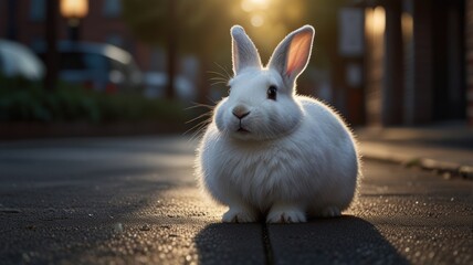 a white rabbit sits in a dimly lit urban setting. The rabbit's soft, fluffy fur and long ears contrast against the dark, textured background.