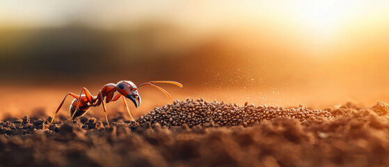 Fototapeta premium A close-up of an ant working diligently on a mound of soil, illuminated by soft sunlight, capturing the beauty of nature and insect life.