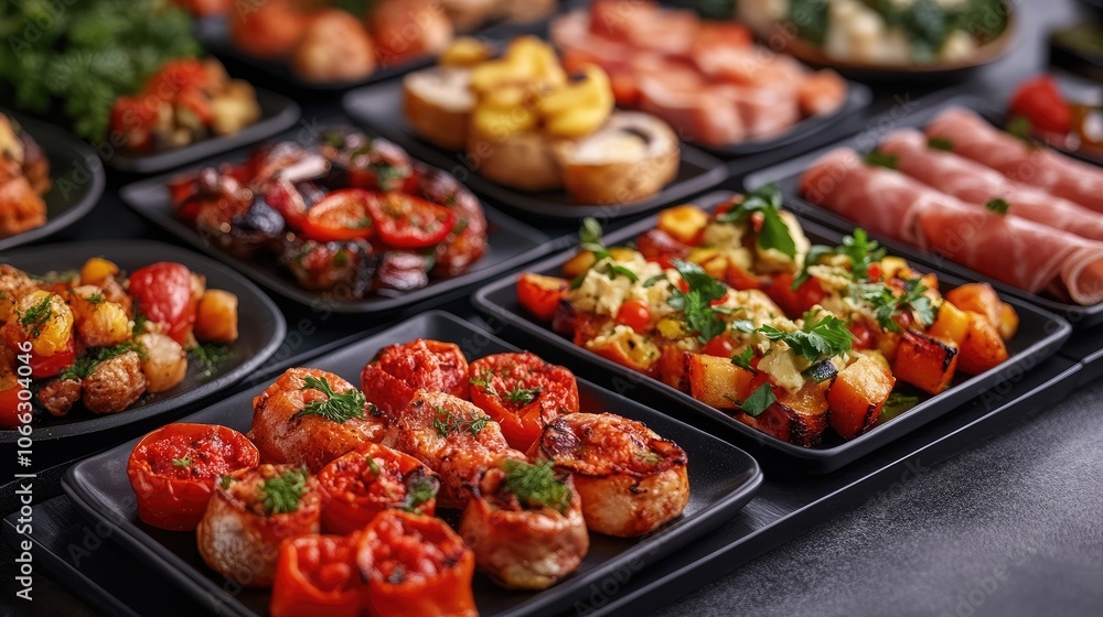 Poster close-up image of a buffet table with a variety of appetizers. this image can be used for a website 