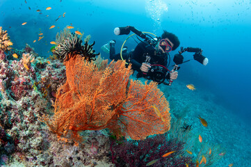 Male Scuba diver holding an underwater camera posing with Gorgonian Sea Fan coral at Similan National Park, Thailand. Beautiful coral reef and stunning underwater landscape of Andaman Sea