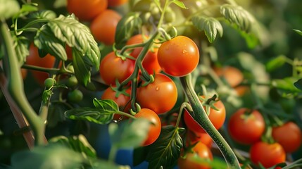 Cherry tomatoes hanging on the tree are a perfect shot of high quality