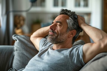 Obraz premium Visual Middle-aged man relaxing at home, holding the back of his head and looking to the side.