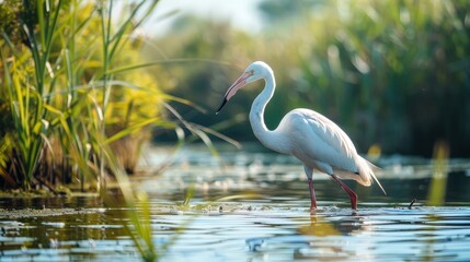 Naklejka premium A Graceful Egret Stands in a Verdant Wetland, Surrounded by Lush Greenery and Reflective Waters