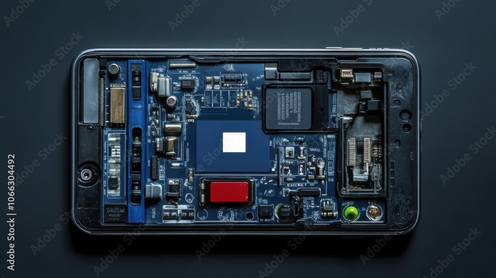 Poster an open smartphone revealing its intricate internal circuitry, featuring a circuit board, processor,