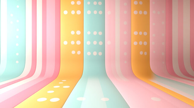A colorful room with a variety of 3d white spheres and colorful cubes