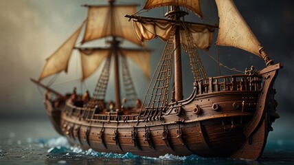Hand-built model of a historic sailing ship. The intricate details on the hull, rigging and sails are a testament to the modeler's skill and attention to detail.