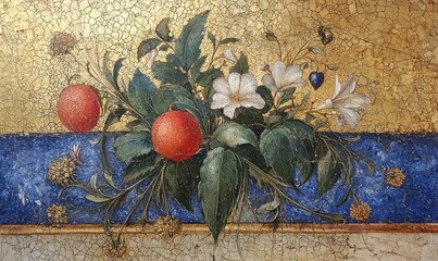  a classic painting with a composition of fruits, flowers, and leaves against a golden and blue background. The artwork has a rich and textured appearance, resembling a fresco 