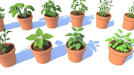 A collection of potted plants arranged in a row, showcasing various green foliage.