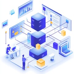 Obraz premium Isometric 3D vector illustration of social network concept, featuring a futuristic city with interconnected buildings, symbolizing global connection and digital community