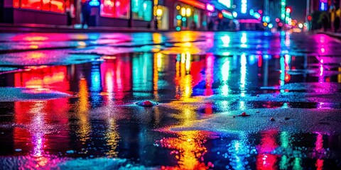 Naklejka premium Urban Reflections A symphony of vibrant colors reflected in a glistening puddle, illuminating the city's nighttime energy.