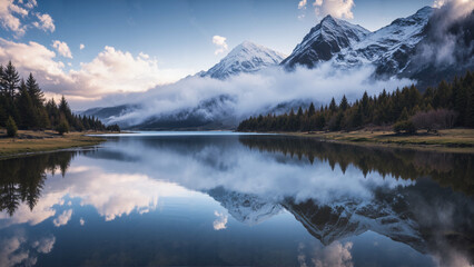 A serene lake reflects snow-capped mountains and pine trees under a cloudy sky, creating a tranquil and picturesque landscape.