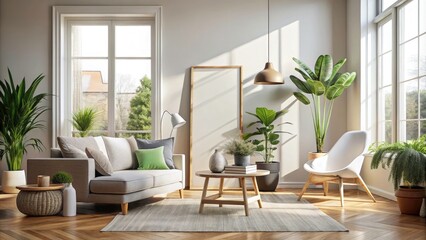 Scandinavian Style Mockup Poster Frame in Modern Interior Design with High Depth of Field, White Frame, Minimalist Decor, Bright and Airy Atmosphere, Clean Lines, Stylish Home Aesthetic