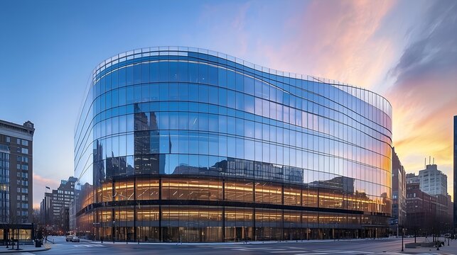 Modern Glass Office Building at Sunset in Urban Cityscape