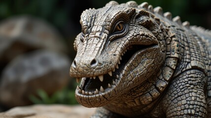 a stone sculpture of a crocodile. The sculpture's intricate details, including the textured skin, sharp teeth, and piercing eyes, create a sense of realism and danger.